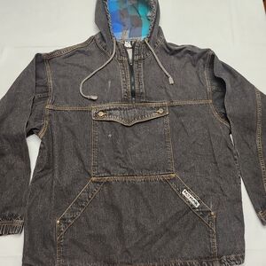 Vintage Denim Hooded Bomber Jacket - Black Pullover Mens Large